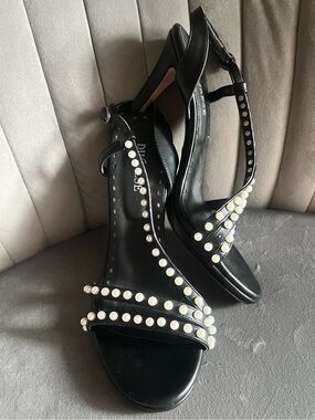 Pearl-Accent Black Slingback Heels